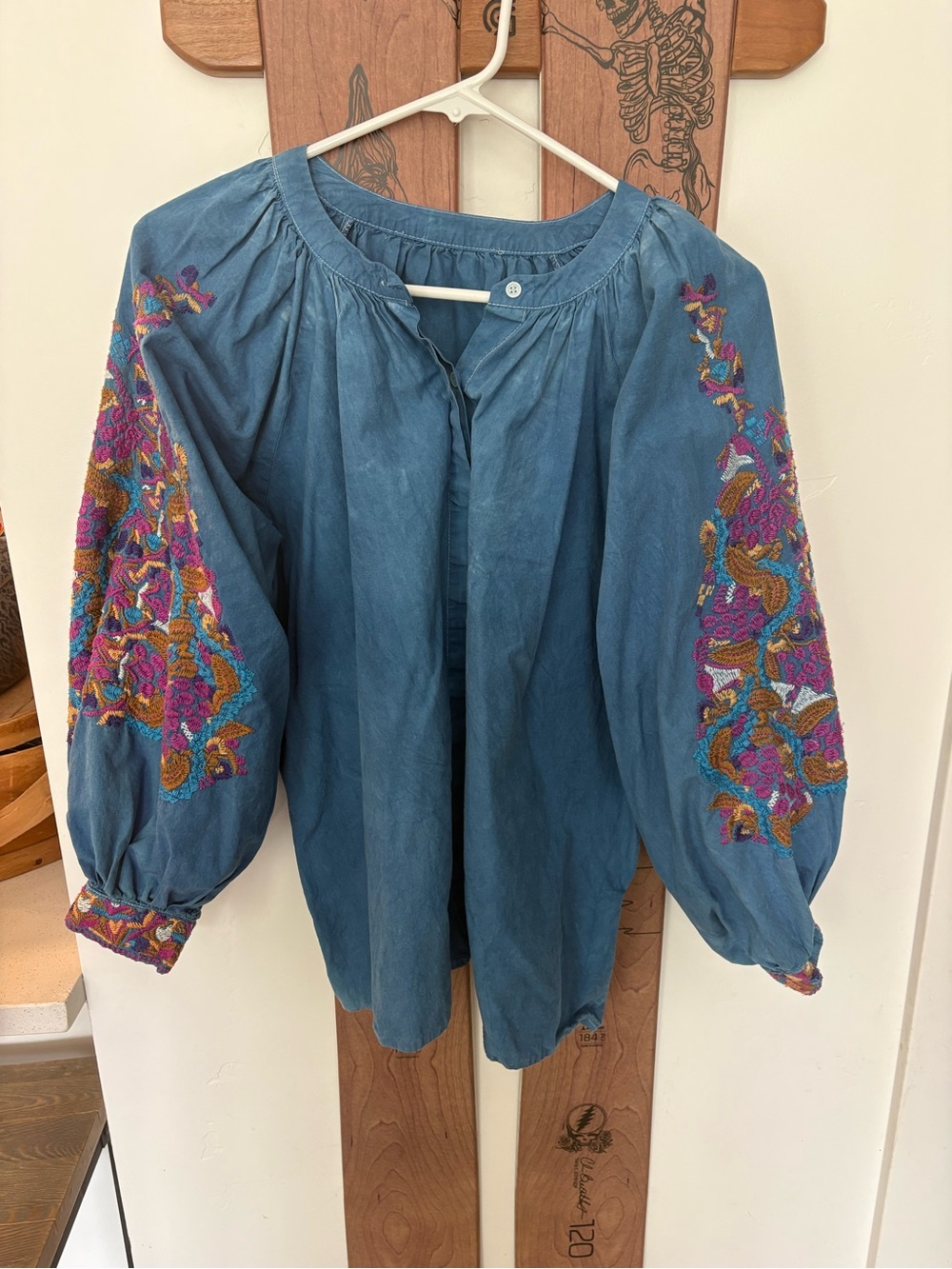 Bohemian Embroidered Peasant Blouse - Teal Blue